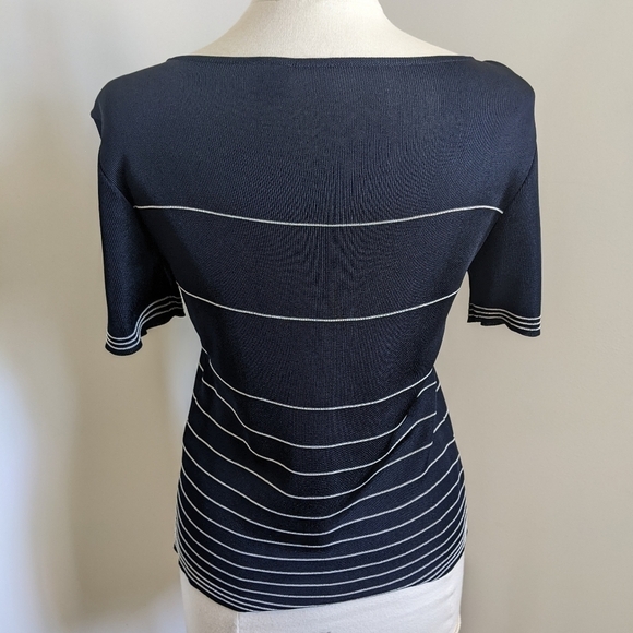𝅺FINE Knit Navy Blue Short Sleeve Sweater M Striped Top - Picture 6 of 12